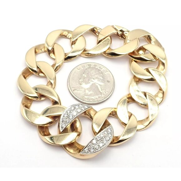 Rare Vintage Tiffany & Co 14k Yellow Gold Diamond Large Heavy Curb Link Bracelet - Picture 8 of 15